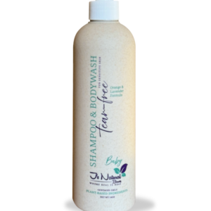 "Plant-based tear-free orange and lavender baby shampoo and body wash, gentle and chemical-free for sensitive skin."