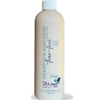 "Plant-based tear-free orange and lavender baby shampoo and body wash, gentle and chemical-free for sensitive skin."