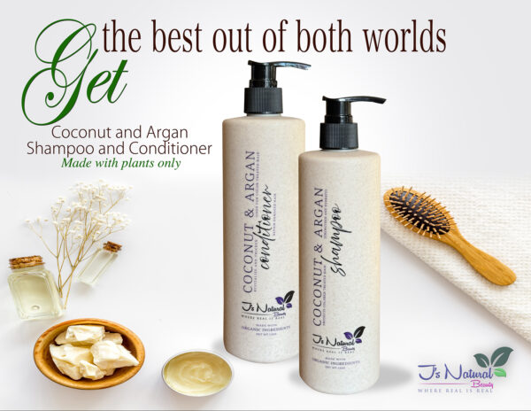 "Plant-based coconut and argan shampoo and conditioner, chemical-free and nourishing for all hair types."