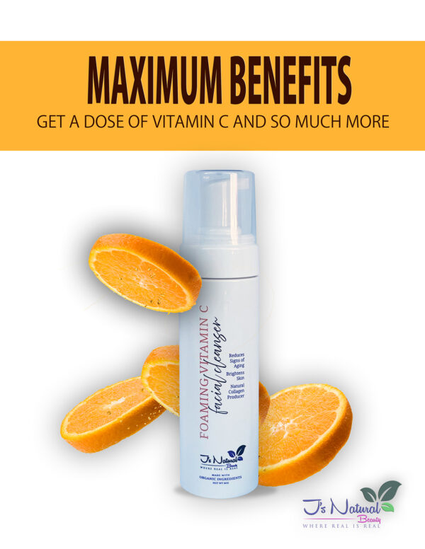 "Foaming vitamin C cleanser, plant-based, natural collagen booster, brightens skin, and reduces signs of aging."