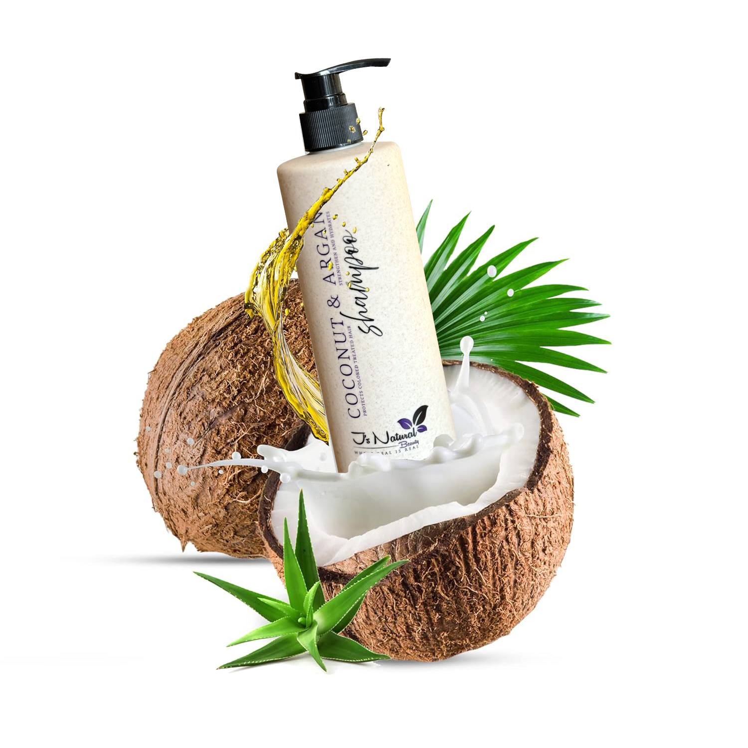 Plant-based coconut and argan shampoo in a biodegradable wheat straw bottle, organic ingredients, safe for colored hair, and suitable for all hair types."