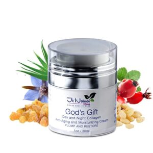 "God's Gift plant-based moisturizer with SPF 30, anti-aging butters, collagen boost, and superb day and night hydration."